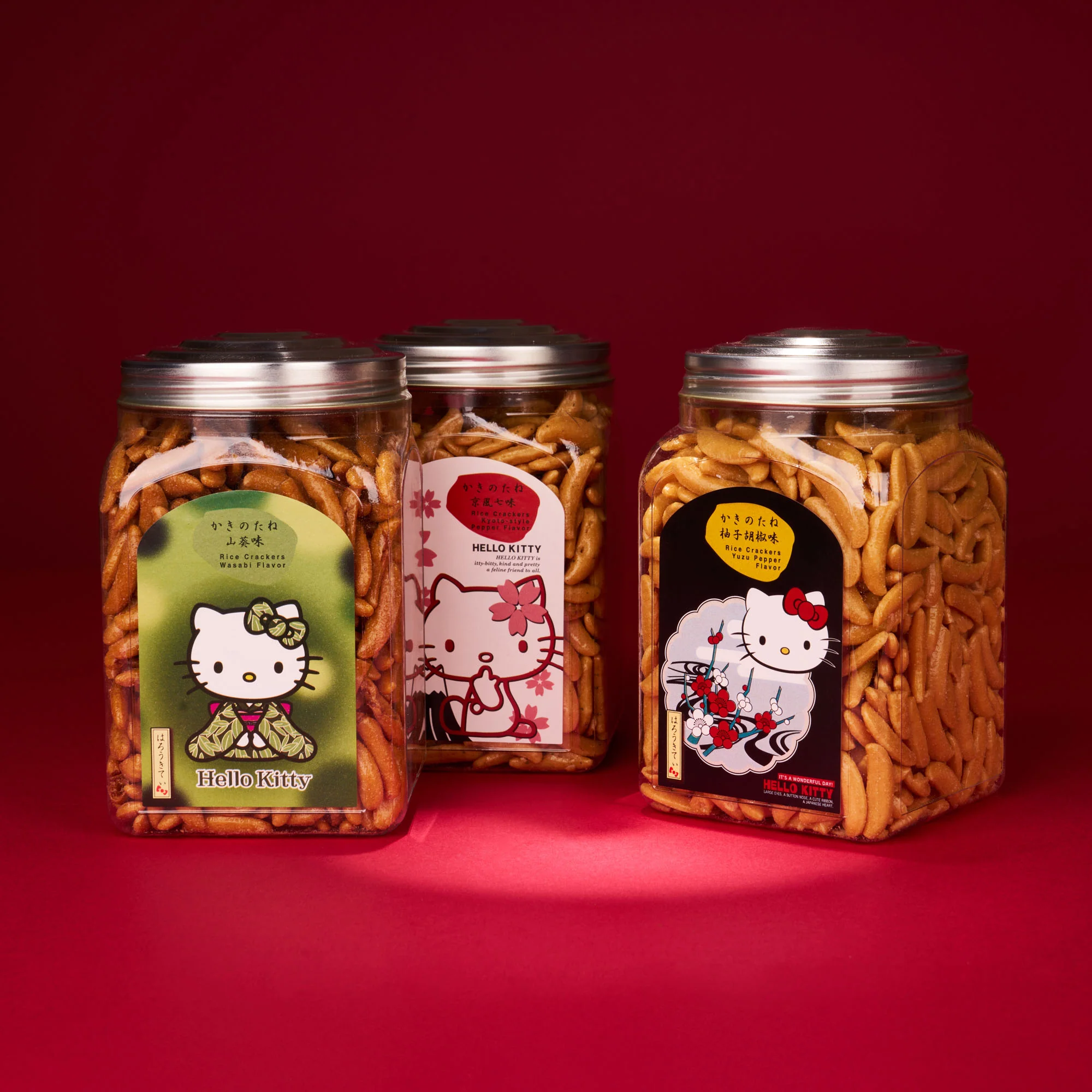Hello Kitty Savory Rice Cracker Set (3 Bottles, 3 Flavors)